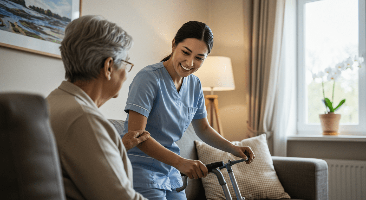 A warm and inviting scene showing a caregiver assisting an elderly patient in a cozy living room setting. The caregiver is smiling and providing support, showcasing the personal touch of home health care.