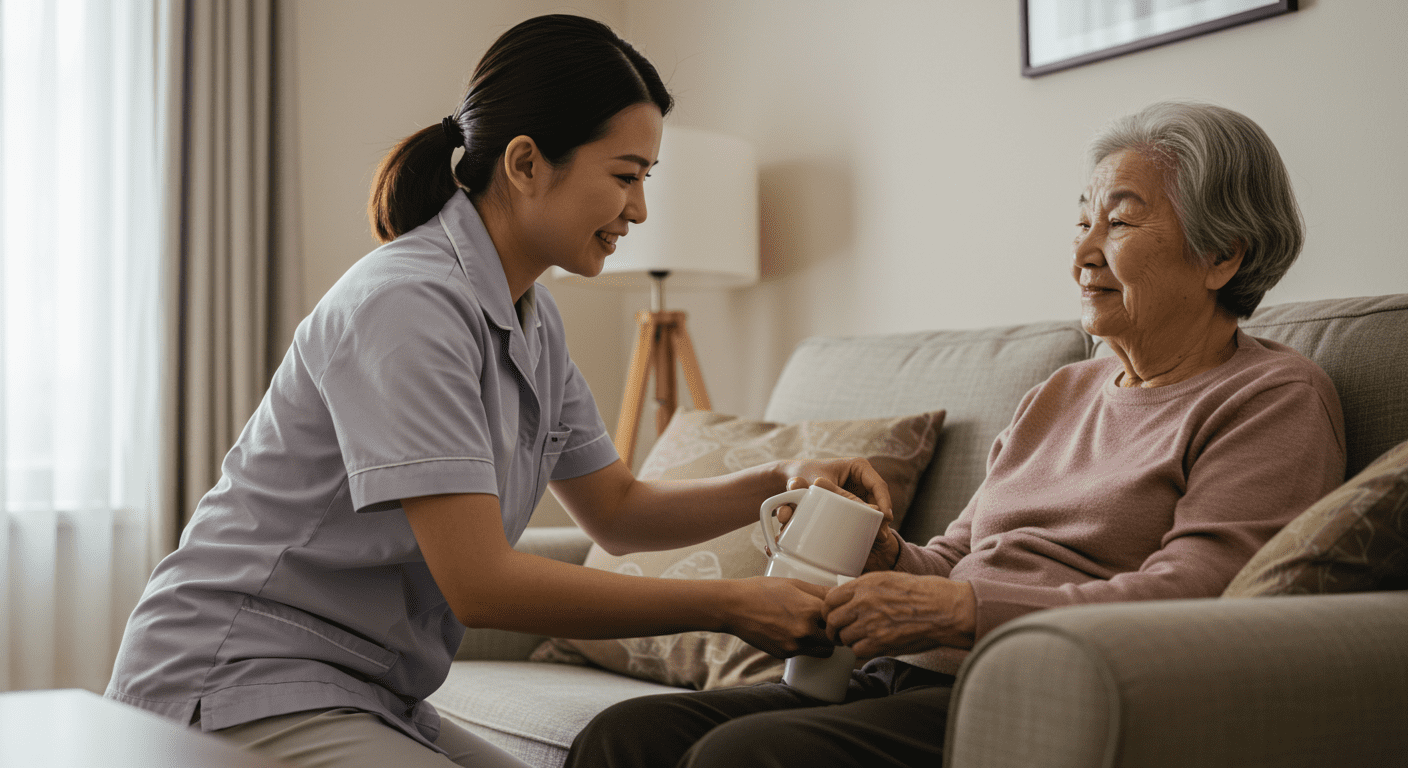 A warm and inviting scene of a caregiver assisting an elderly person in a cozy living room. The caregiver is gently helping the senior with a daily activity, showcasing compassion and support.